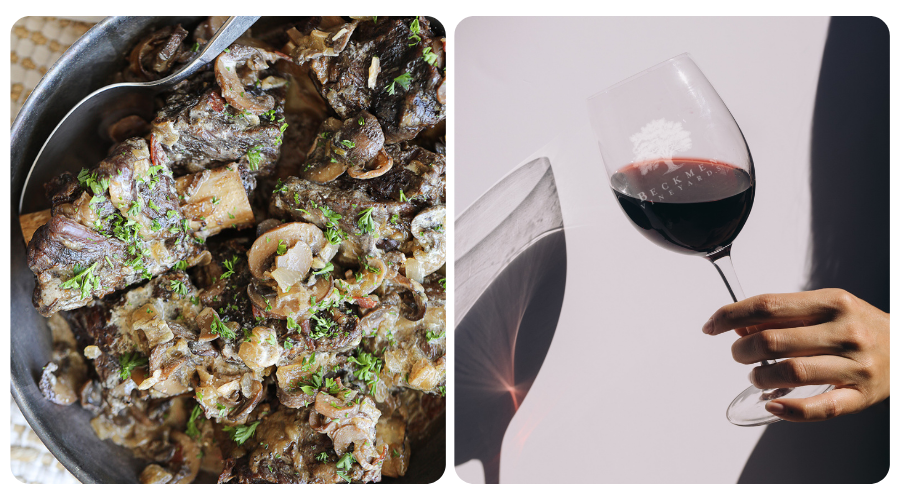 Short Rib Stroganoff Plated with a glass of Syrah Clone 1